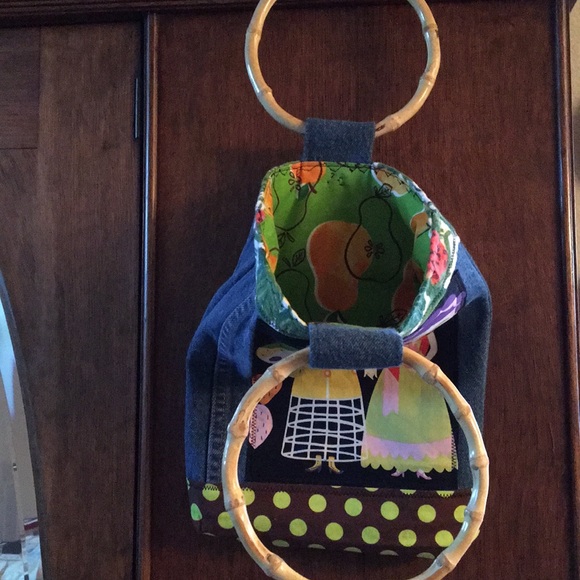 Freida Kahlo Upcycled Denim bamboo handles purse - Picture 8 of 8